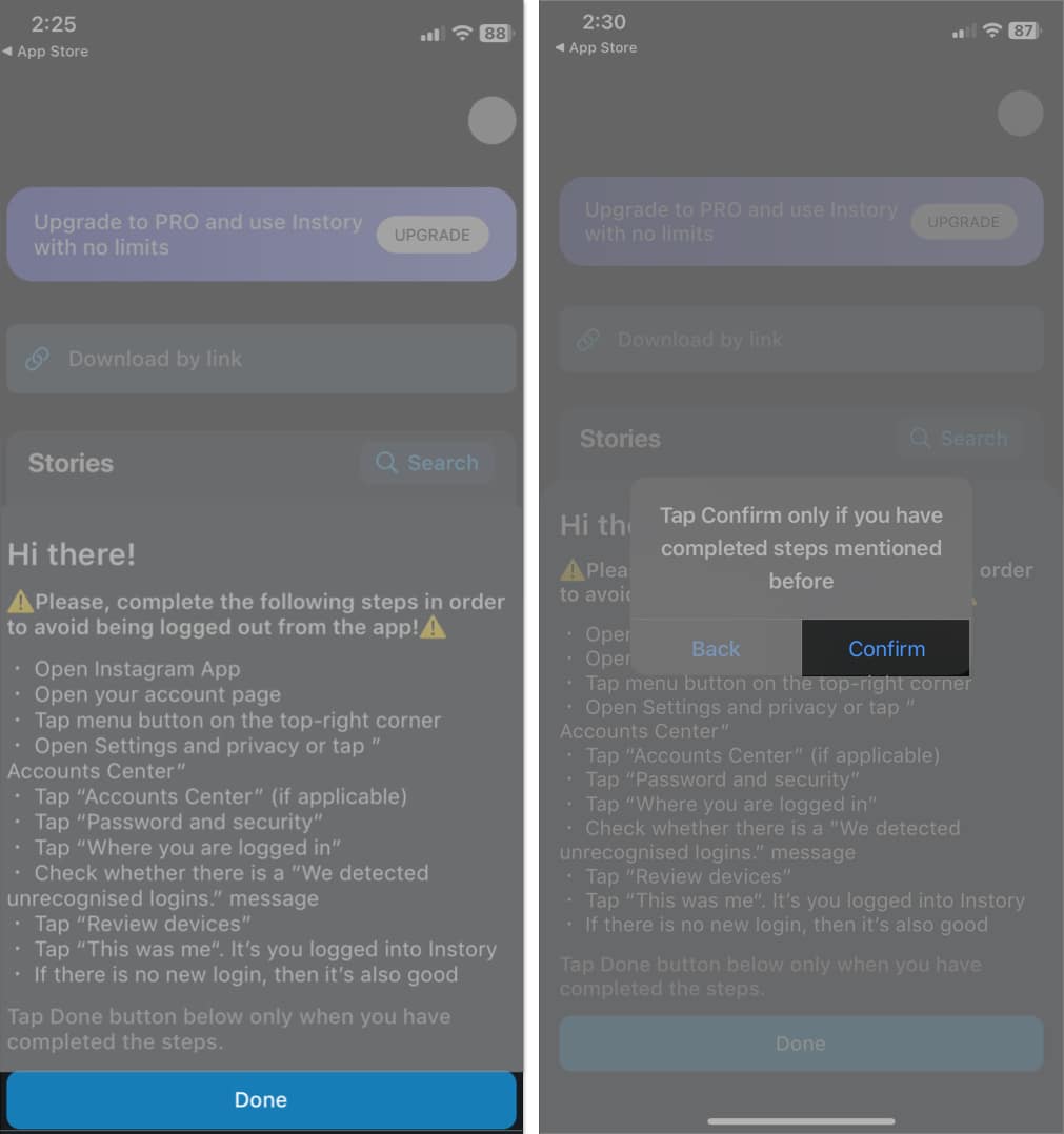 Setup Instory app to download instagram stories
