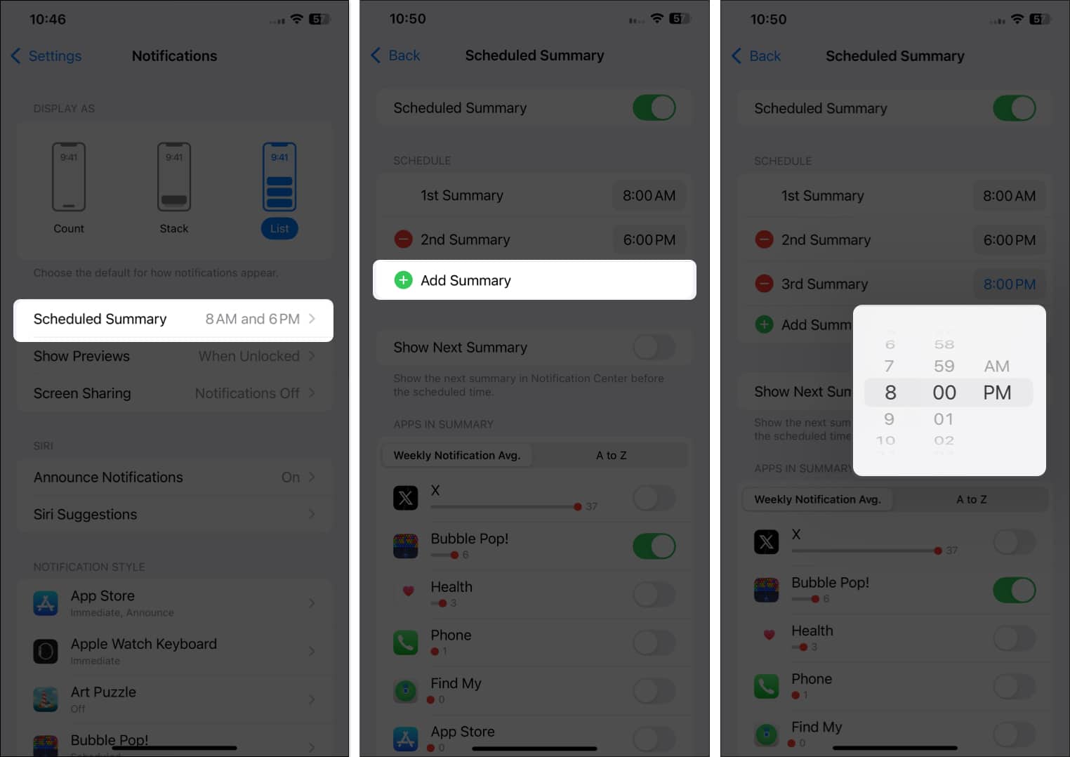Schedule Summary screen in the iPhone Settings app