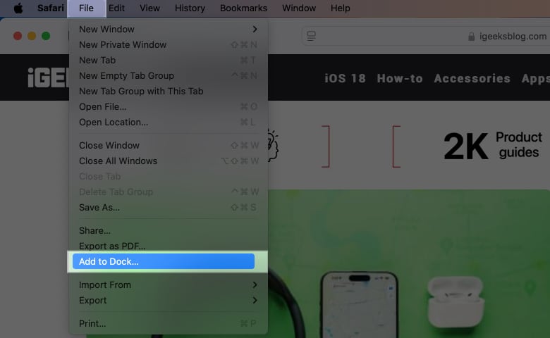 Add to Dock option in the File menu of Safari on a Mac