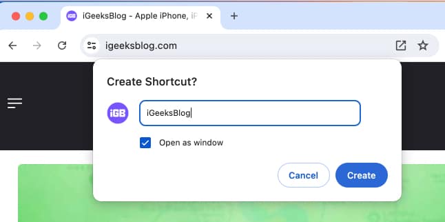 Create Shortcut prompt in Chrome on a Mac