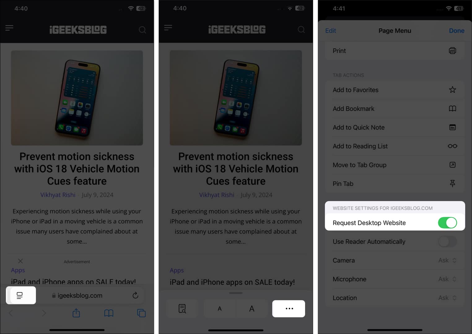 Request Desktop Website option for a website in Safari on an iPhone