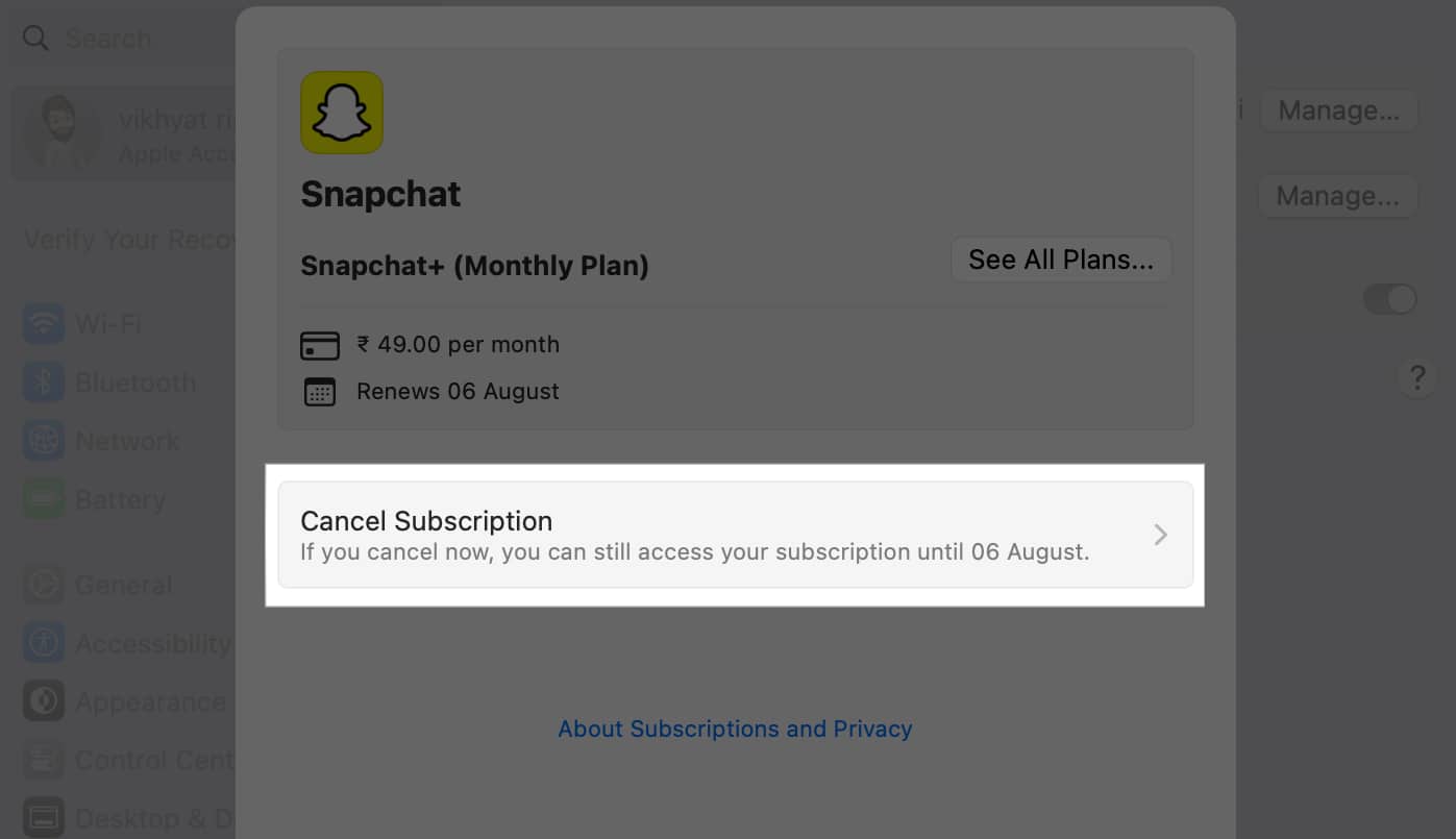 Cancel Subscription button for canceling a subscription in the System Settings app on a Mac