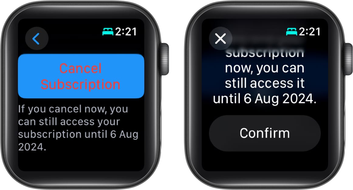 Cancel Subscription and Confirm buttons to cancel an active subscription on an Apple Watch