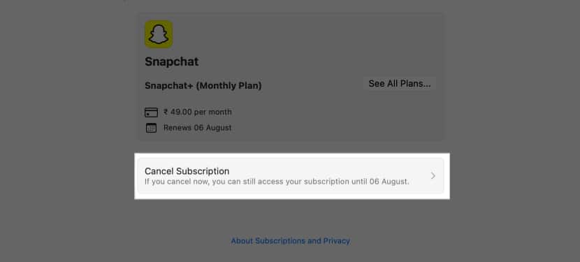 Cancel Subscription button on to cancel a subscription in the Mac App Store
