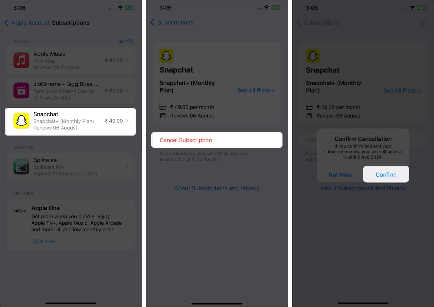 Cancel Subscription button on the Subscriptions page in iPhone Settings