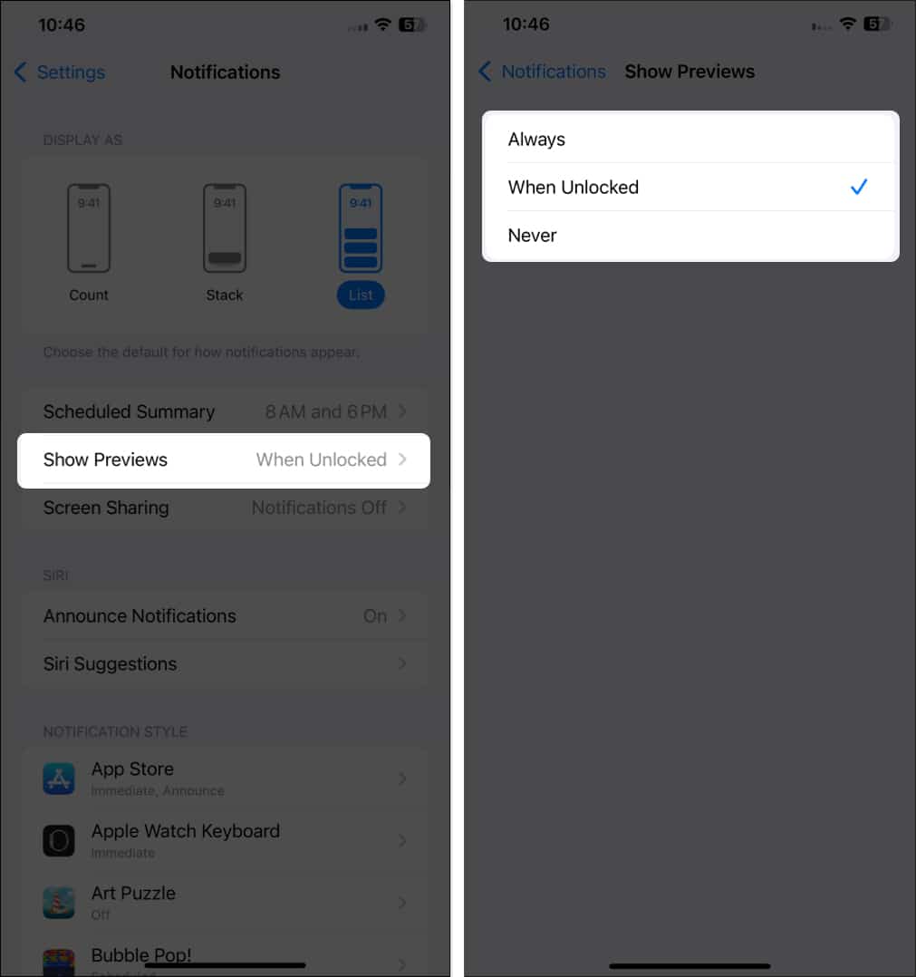Show Previews option in the iPhone Settings app