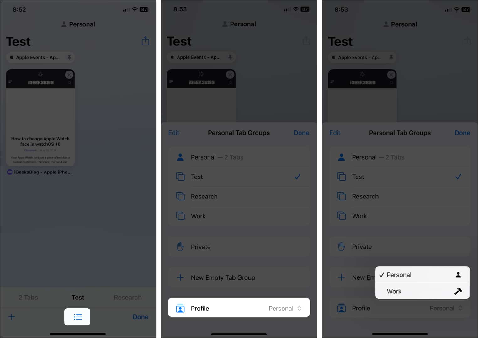 Profiles in a Tab Group in the Safari app on an iPhone