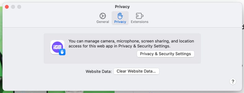 Privacy tab for a web app on a Mac
