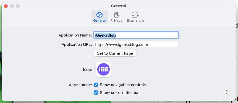 General tab for a web app on a Mac