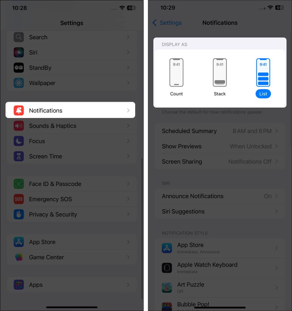 Display As options for notifications in the Settings app on an iPhone