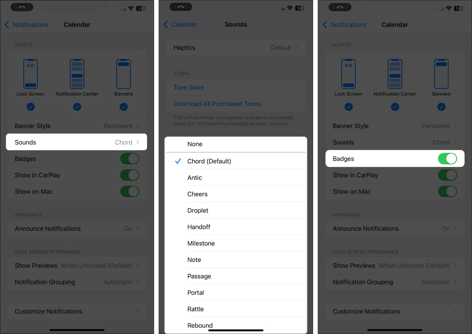 Notification sound and badge options in the Settings app