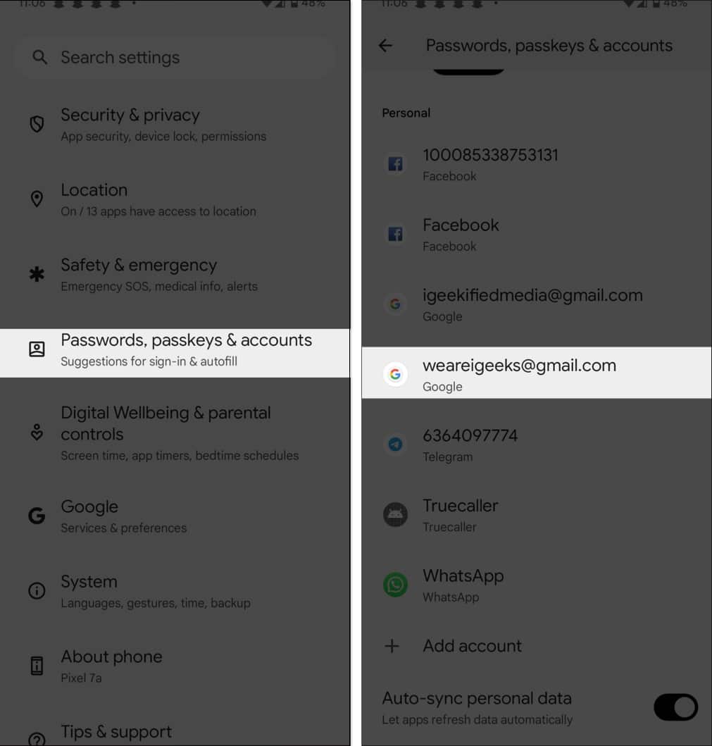 Accounts settings page on an Android phone