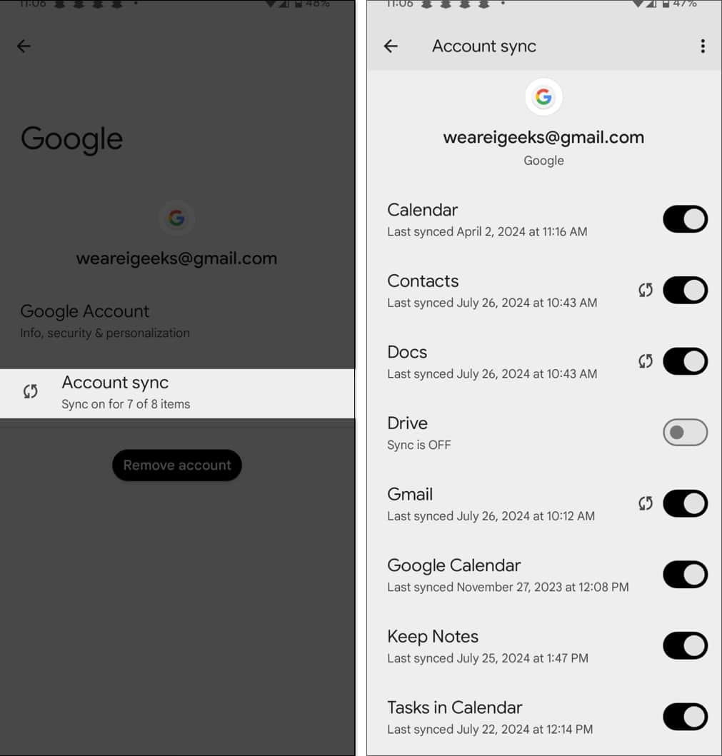 Toggling account sync for different services on an Android phone
