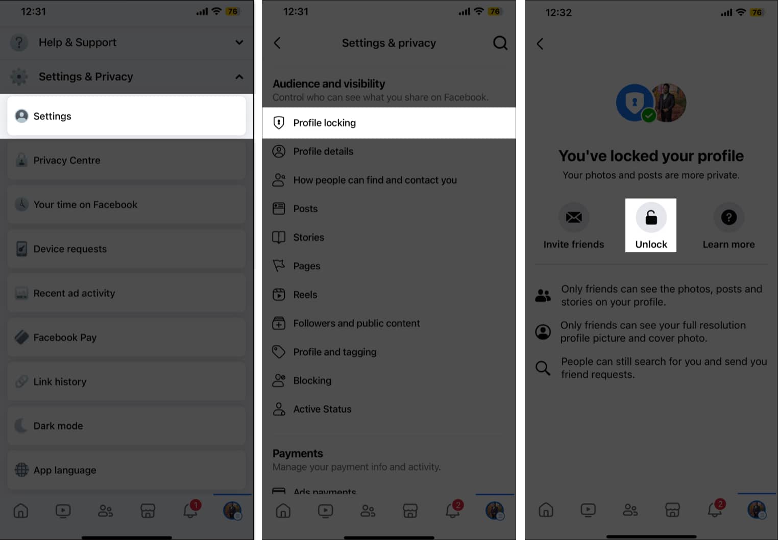 Klicka på Unlock i profillåsningsinställningar i Facebook -appen på iPhone