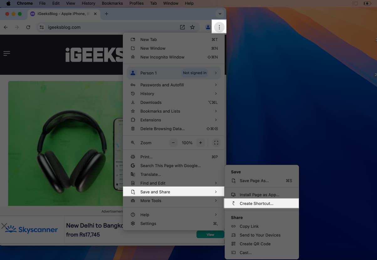 Save and Share option in Chrome to create a website shortcut on a Mac