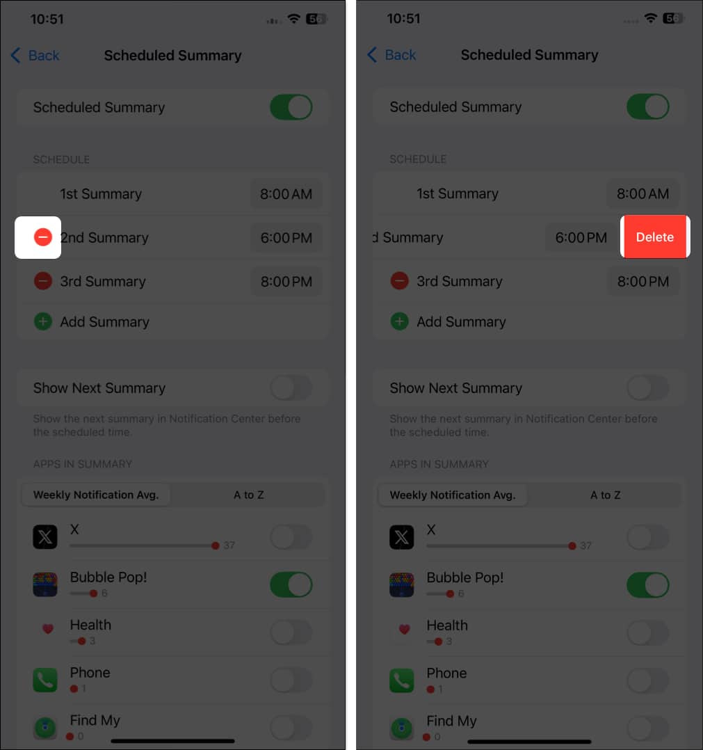 Delete button to delete a Scheduled Summary for notifications on an iPhone