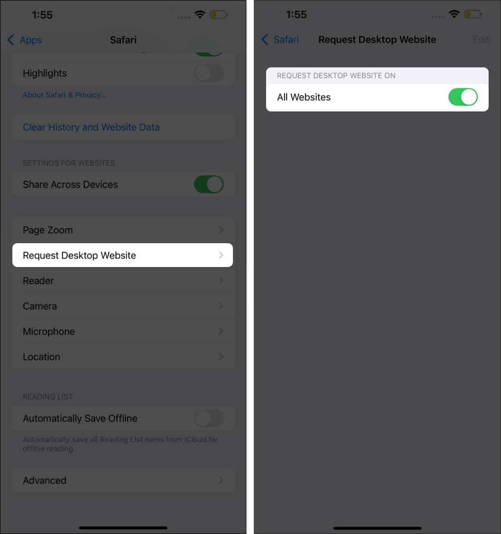 Request Desktop Website and All Websites toggles in the Settings app on an iPhone