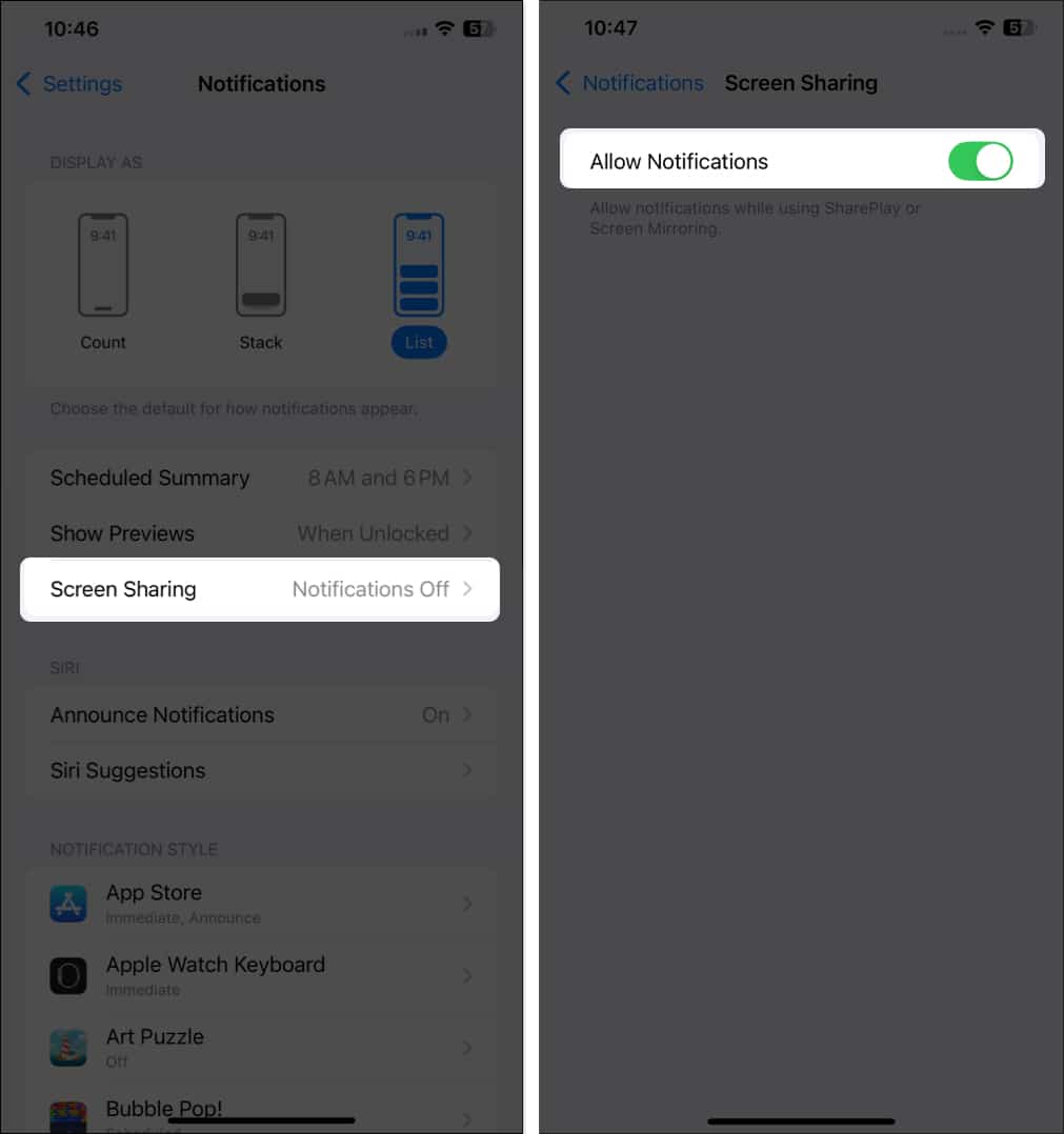 Screen Sharing notifications settings in the Settings app on an iPhone