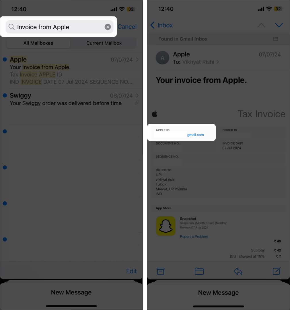 Results for the Invoice from Apple search in the Mail app on an iPhone