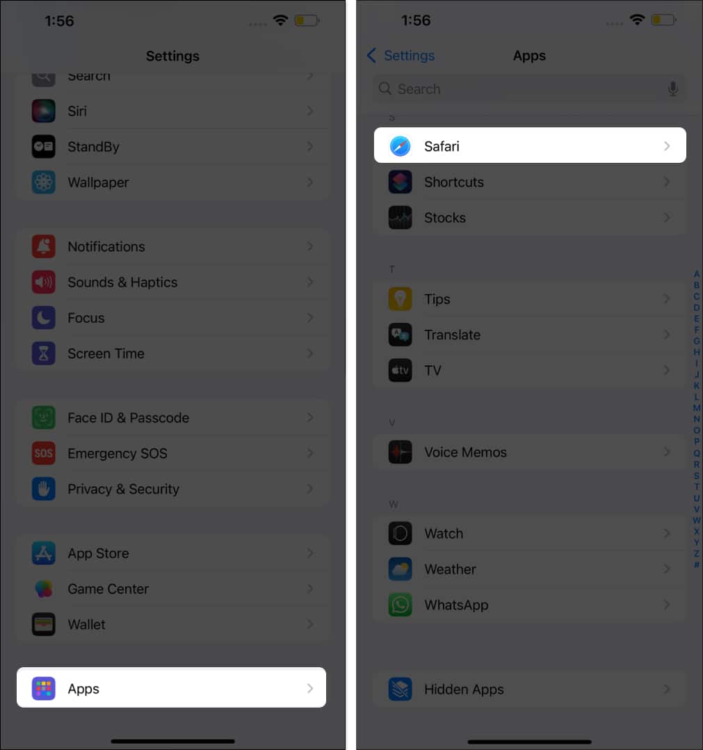 Safari settings in iPhone Settings app