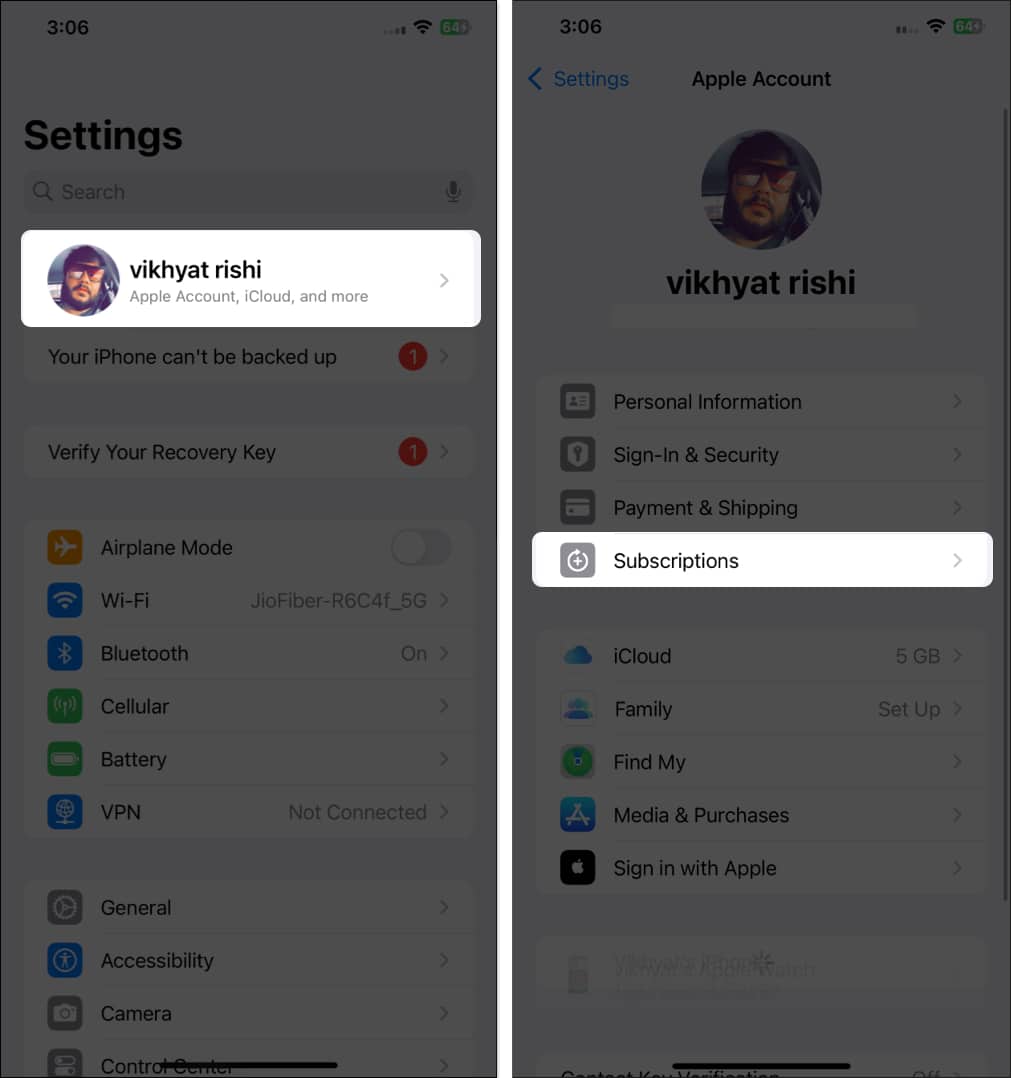 Subscriptions option on the Account page in iPhone Settings app