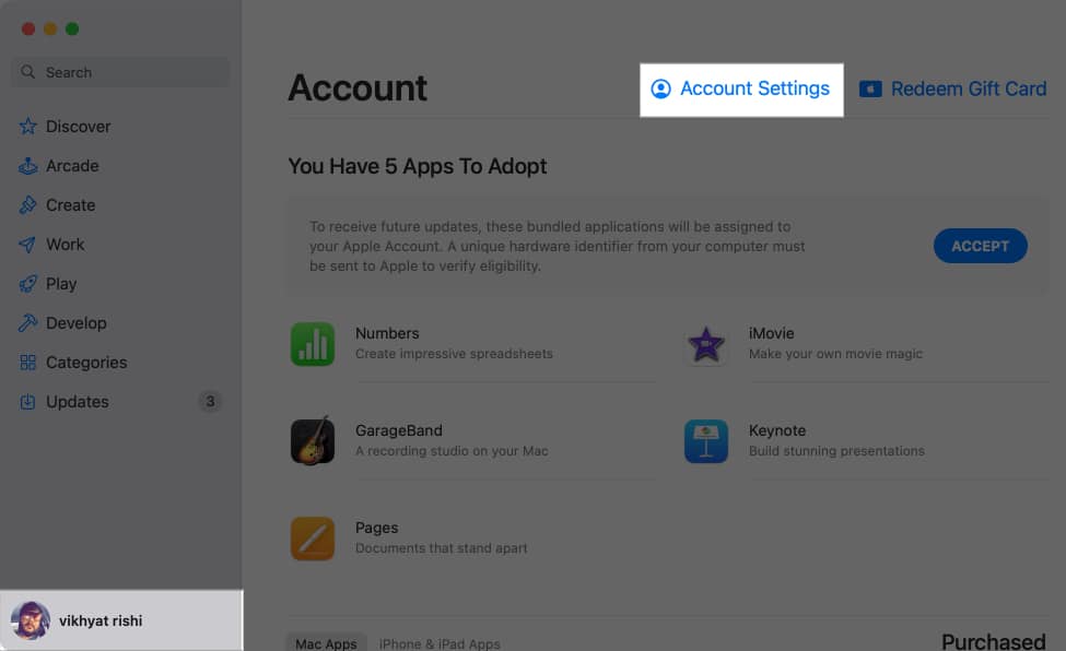 Account Settings button on the Account page on the Mac App Store