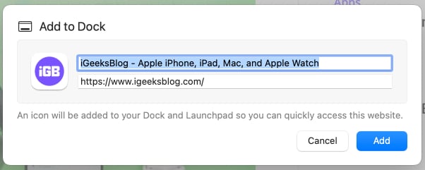 Add to Dock prompt asking for web app name and icon