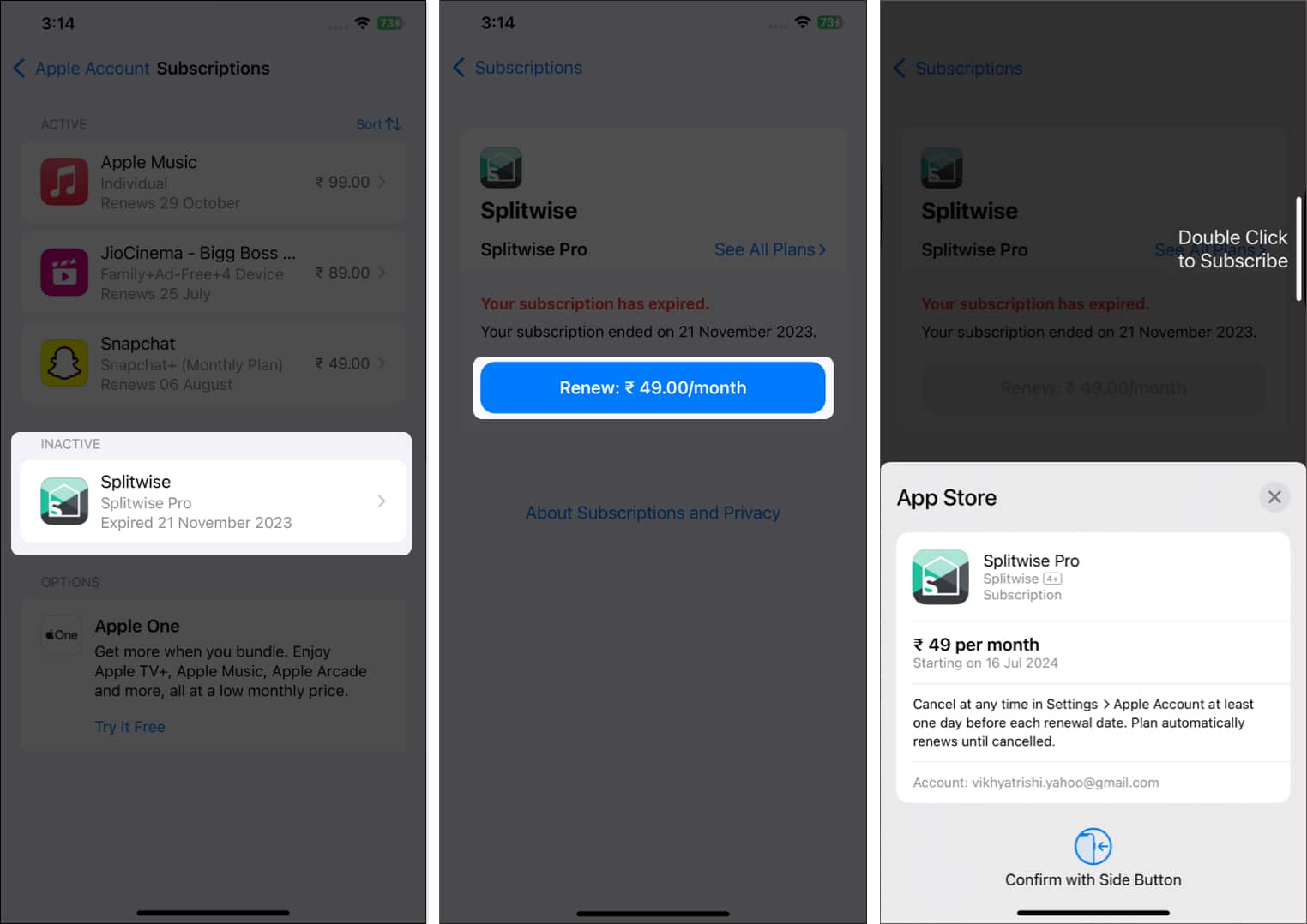 Renew button in the iPhone Settings and App Store to renew a subscription