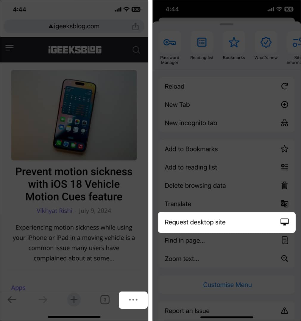 Request Desktop Site option in Chrome on an iPhone