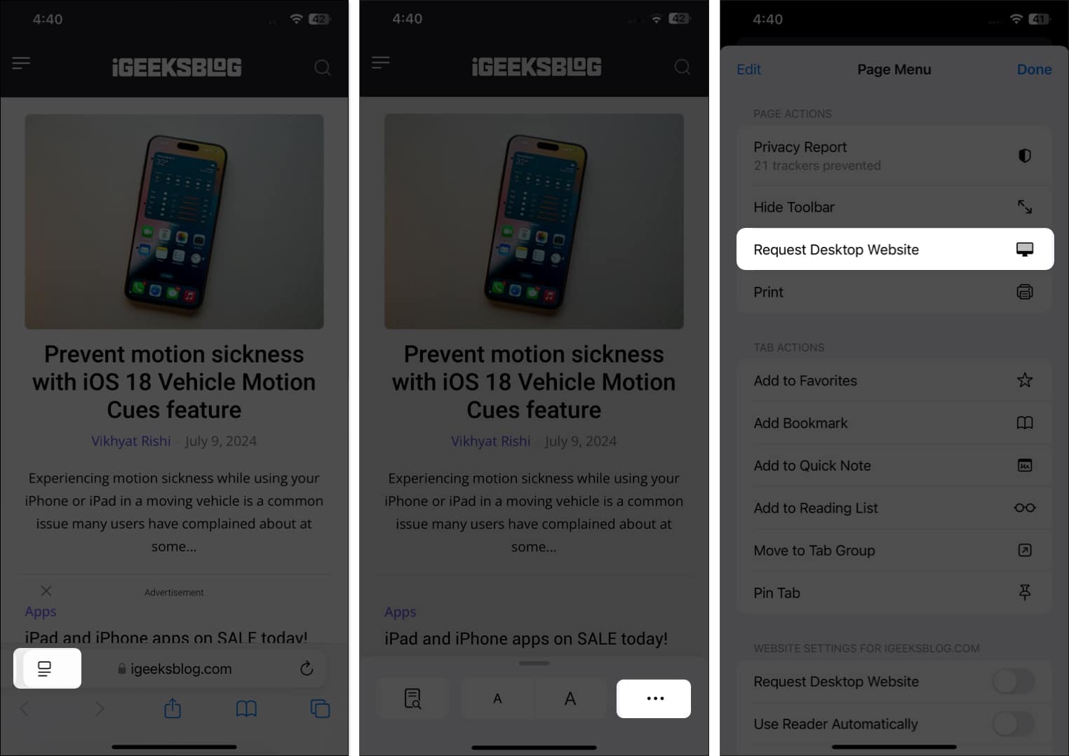 Request Desktop Website option for a website in Safari on an iPhone
