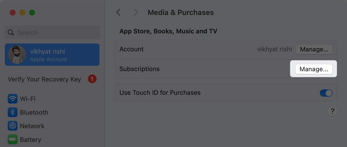 Manage option for managing subscriptions in System Settings on a Mac