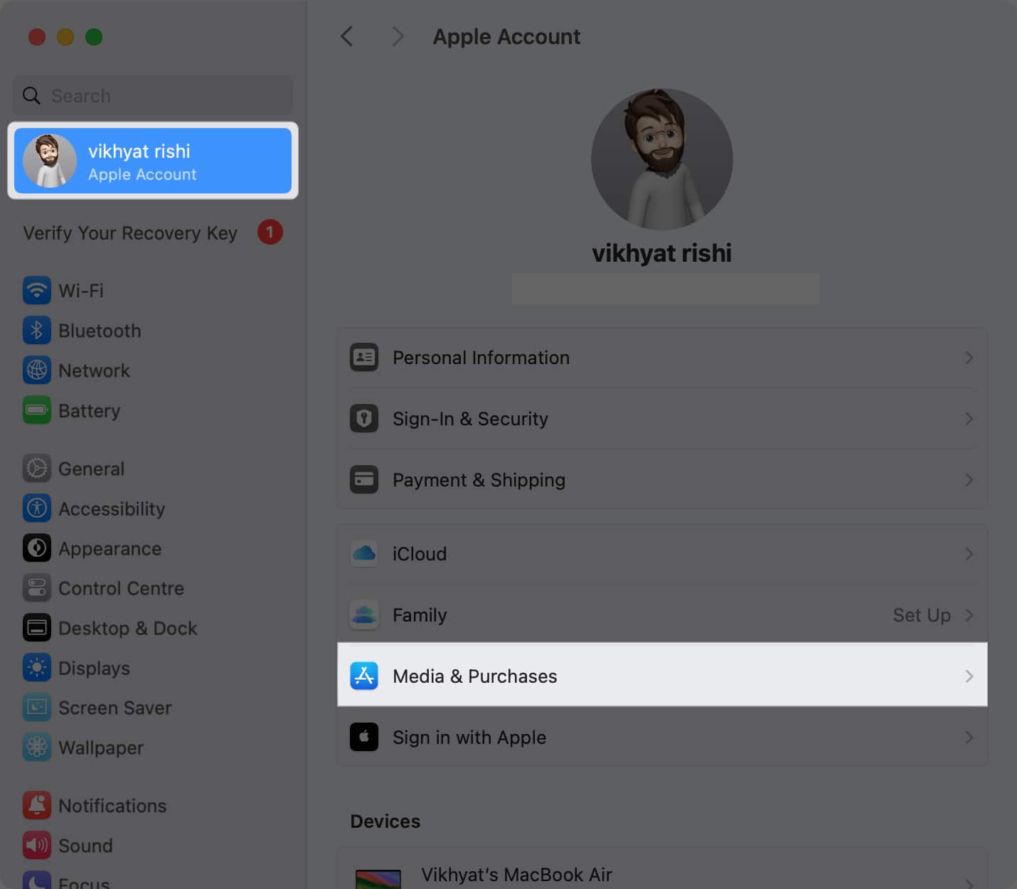 Media  Purchases tab in the Mac System Settings