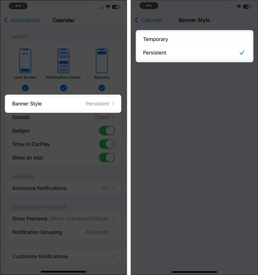 Banner Style settings for notifications in iPhone Settings app