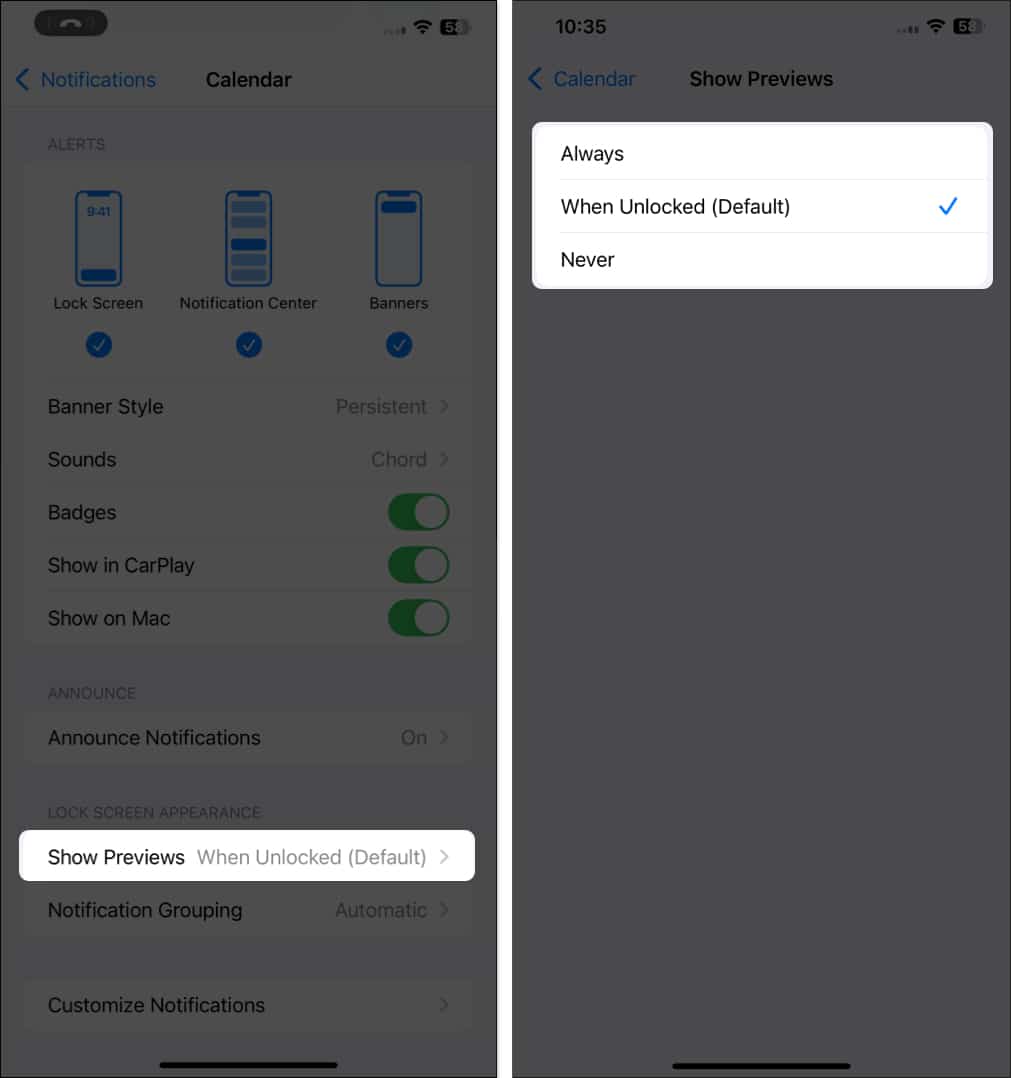 Show Previews option for an app on an iPhone