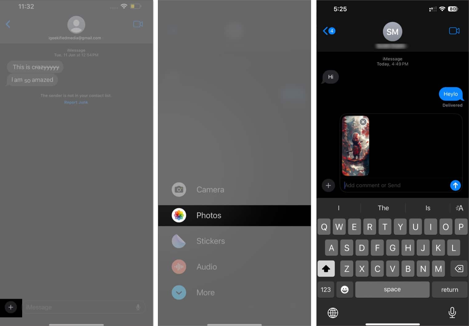 Using the Photos option to add a photo to a message in the iOS Messages app