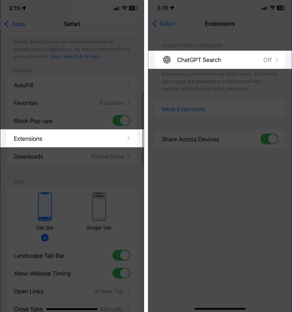 Select Safari tap Extensions and choose ChatGPT Search Extension