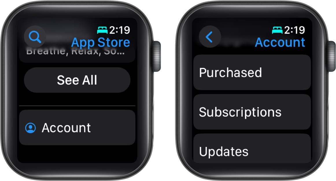 Account and Subscriptions option in the App Store on an Apple Watch
