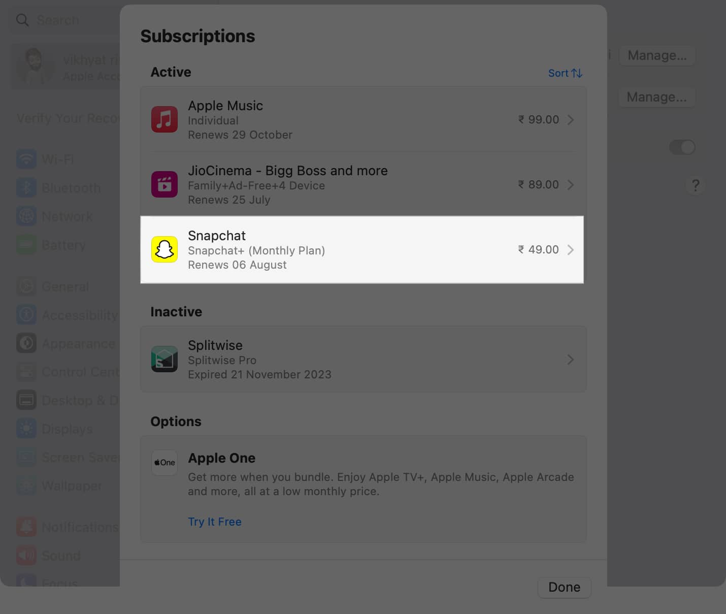 Active subscription details in System Settings on a Mac