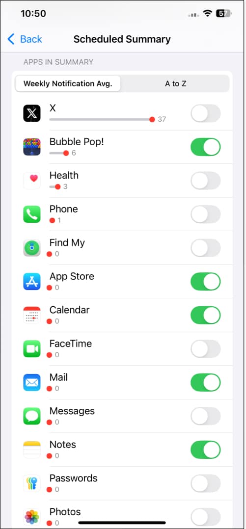 Toggles to turn on or off Scheduled Summary for apps on an iPhone
