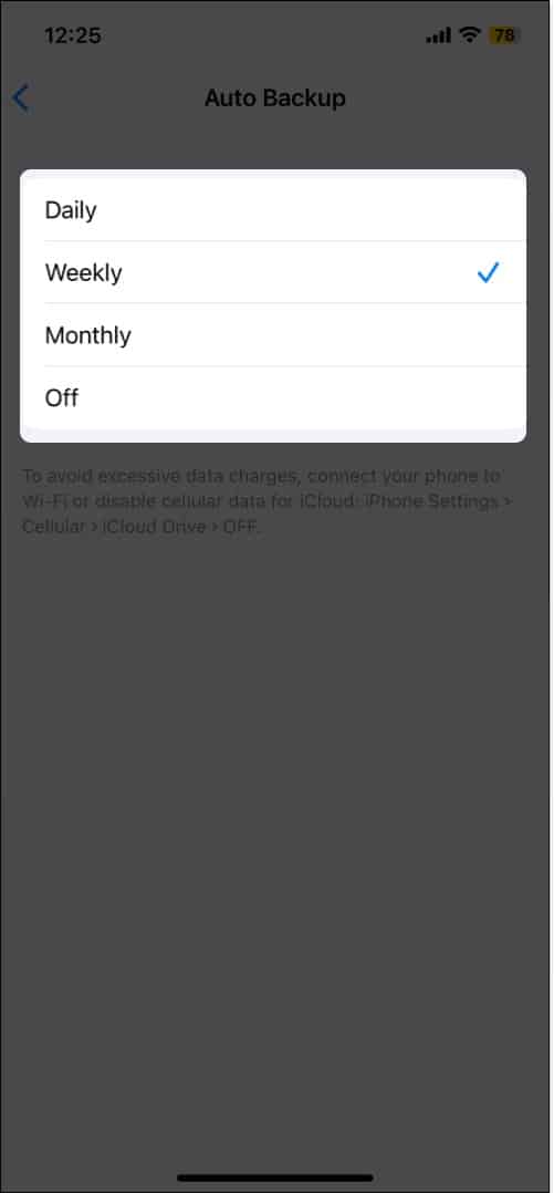Select duration for WhatsApp chat backup on iPhone