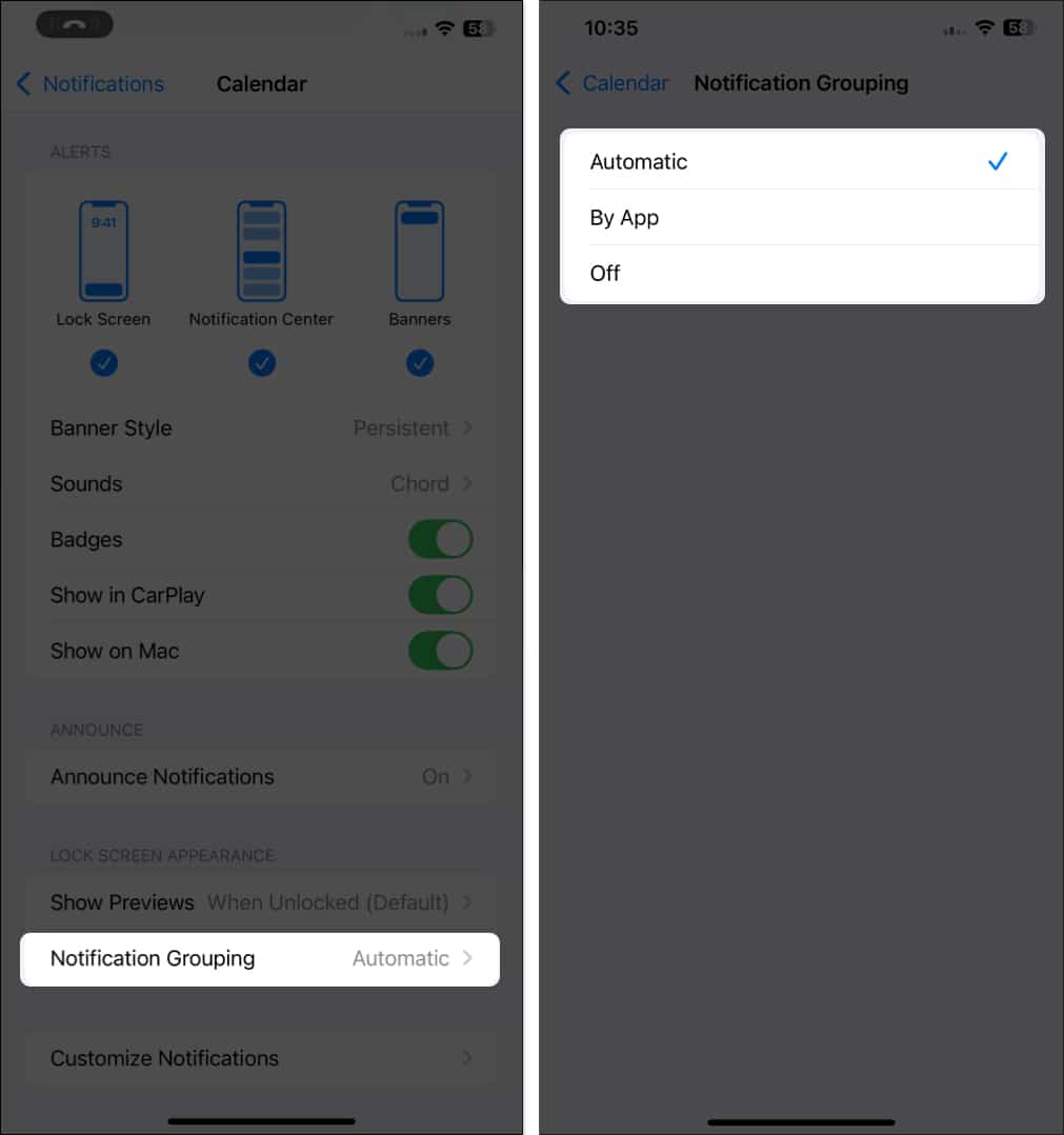 Notification Grouping setting for an app in the Settings app