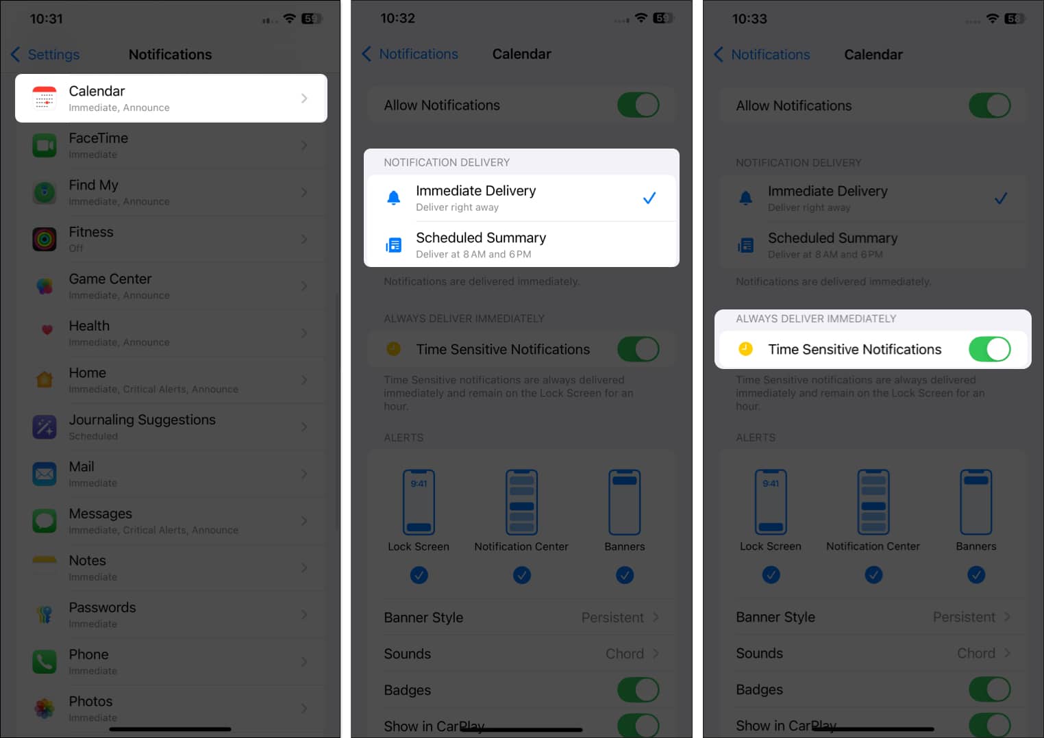 Notification Delivery options in the Settings app on an iPhone
