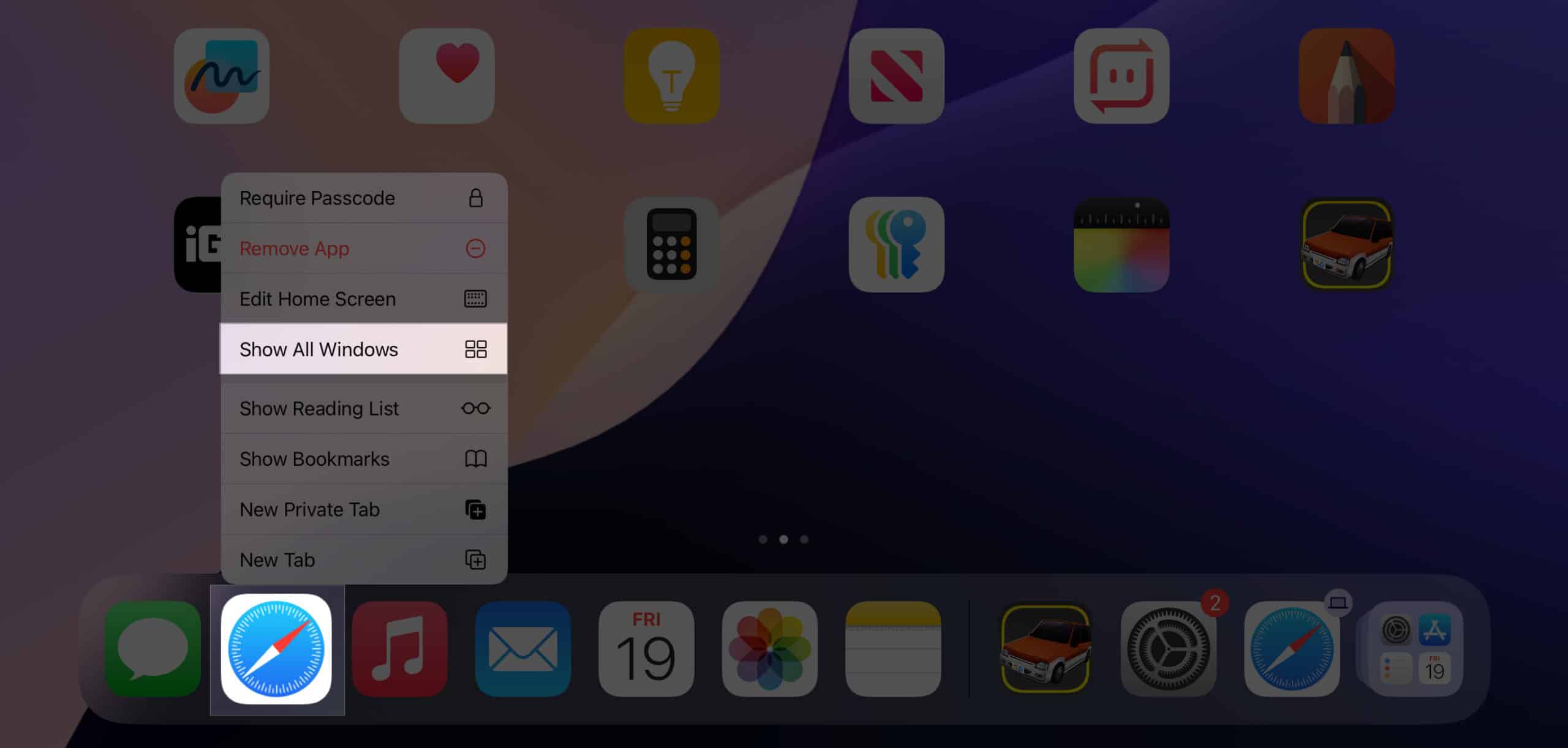 Show all Windows option in the Safari context menu on an iPad
