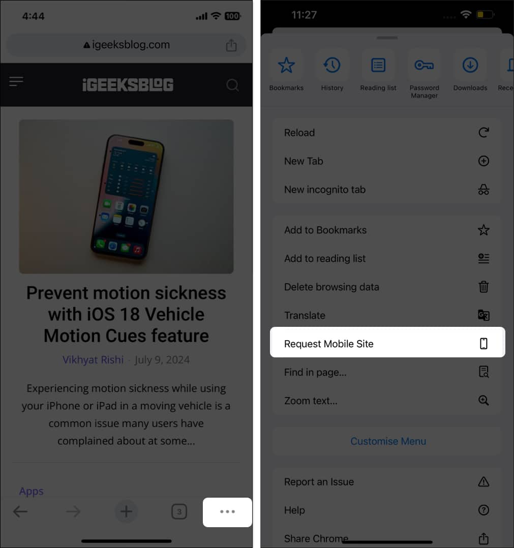 Request Mobile Site option in Chrome on an iPhone