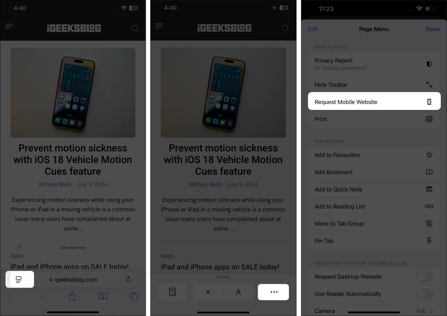 Request Mobile Website option in Safari on an iPhone