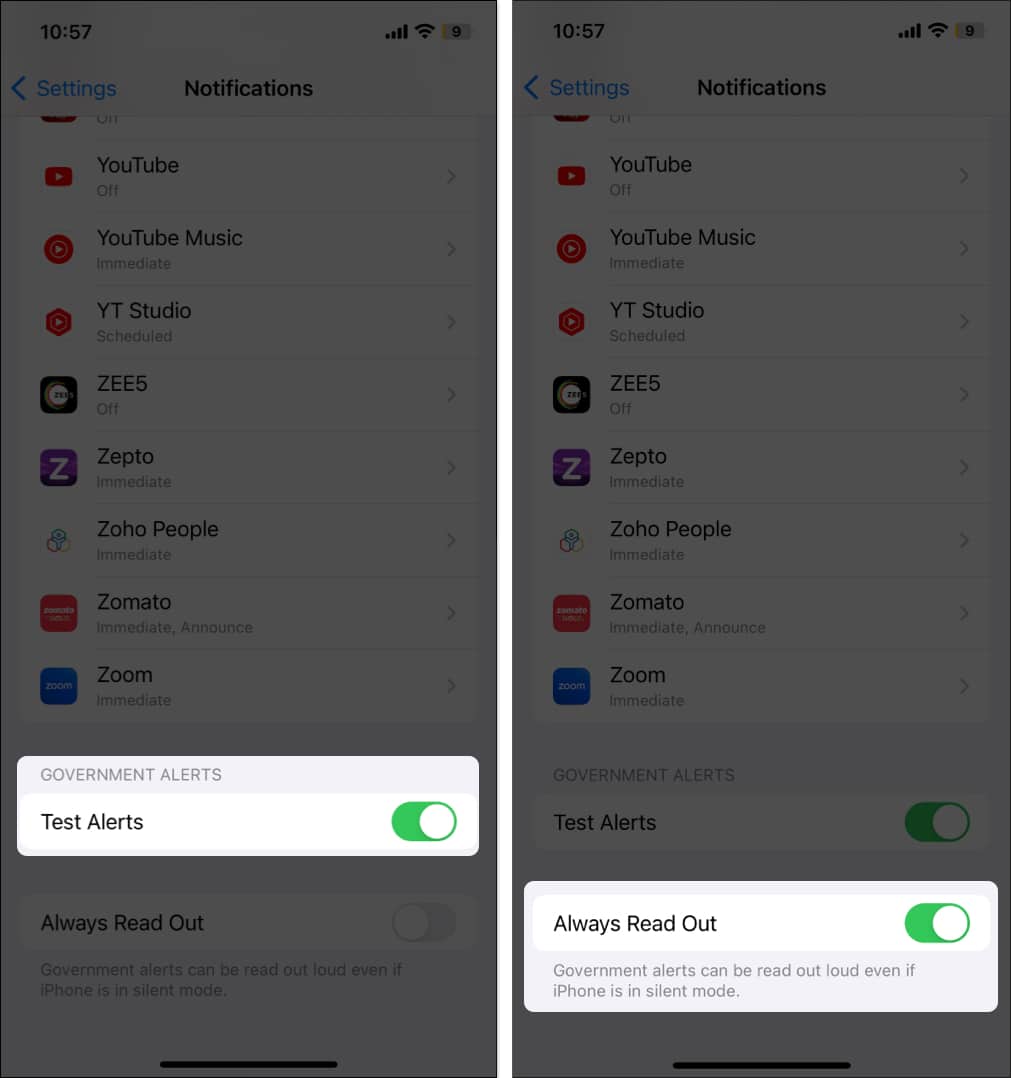 Government Alerts options in the iPhone Settings app