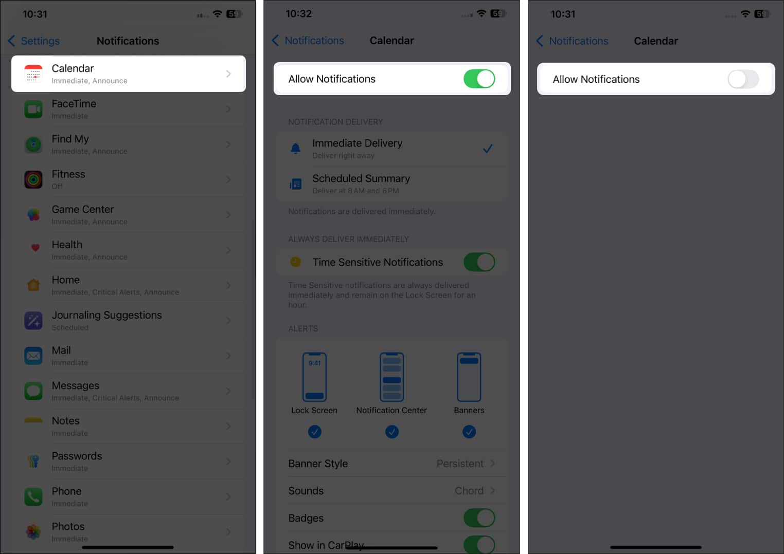 Allow Notifications toggle to turn on or off notifications for an app on an iPhone