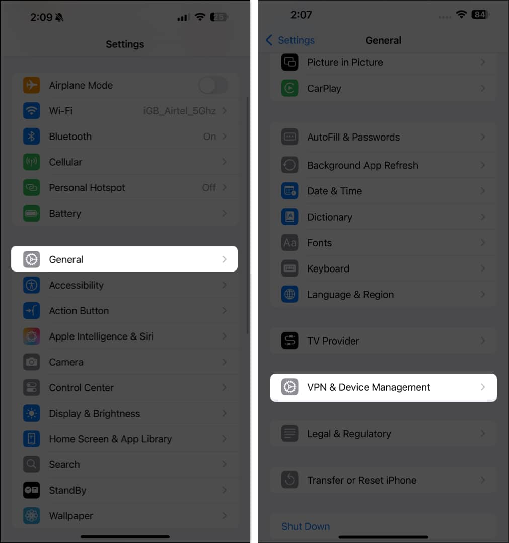VPN  Device Management option under General settings on an iPhone
