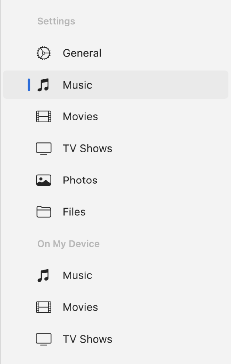 Music option in the left pane in the Apple Devices app