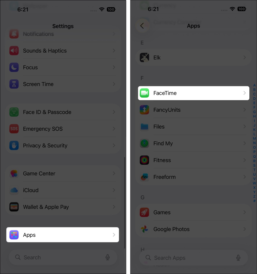 Open settings → apps and select facetime